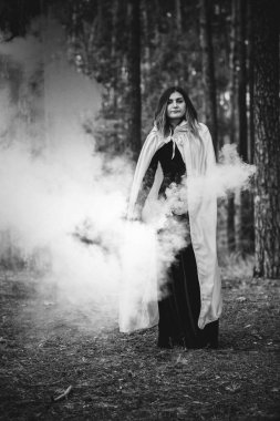 Tahtadaki cadı, etraftaki sis, sihirli konsept, ayinler ve mistik sahne için illüstrasyon