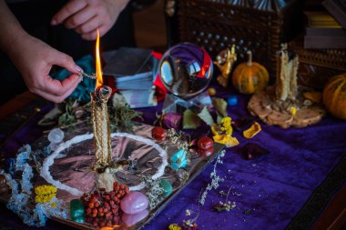 Candle magic. Wax handmade candles, esoteric and occultism concept
