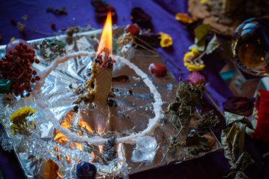 Candle magic. Wax handmade candles, esoteric and occultism concept