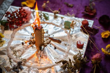 Candle magic. Wax handmade candles, esoteric and occultism concept