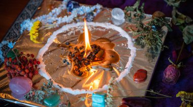 Candle magic. Wax handmade candles, esoteric and occultism concept