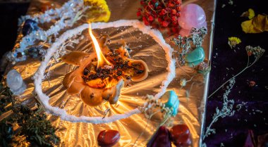 Candle magic. Wax handmade candles, esoteric and occultism concept