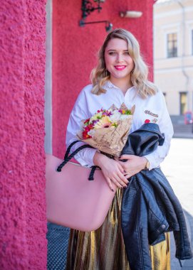 Concept of life modern woman in big city, lifestyle citizen peoples, lady at spring or autumn day. Middle age woman plus size , walk around center streets