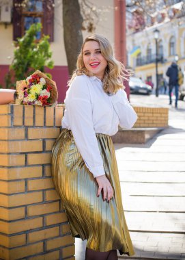 Concept of life modern woman in big city, lifestyle citizen peoples, lady at spring or autumn day. Middle age woman plus size , walk around center streets