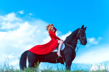 Özgürlük kavramı. Kırmızı elbiseli genç bir kadın ata biniyor. Tarlada güzel bir kız, siyah bir frieze binmiş, uzaklara bakıyor.