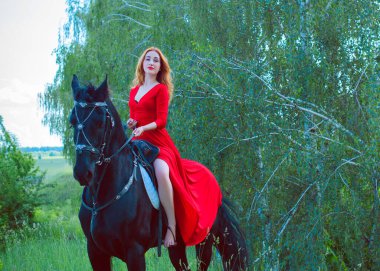 Özgürlük kavramı. Kırmızı elbiseli genç bir kadın ata biniyor. Tarlada güzel bir kız, siyah bir frieze binmiş, uzaklara bakıyor.