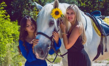 Kadınlar at arkadaşlığından hoşlanır. Anne ve kızı güzel bir atla, kırsalda şık kadınlar, hobi olarak düşman ailelere ilham verir.
