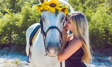Kırsalda bir atı olan hoş bir Amerikalı kız. Güzel bir binici ve at. At çiftliğinde sanat fotoğrafçılığı. Sonbaharda kırsal alanda ata binen çekici bir kız.