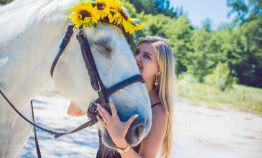 Kırsalda bir atı olan hoş bir Amerikalı kız. Güzel bir binici ve at. At çiftliğinde sanat fotoğrafçılığı. Sonbaharda kırsal alanda ata binen çekici bir kız.