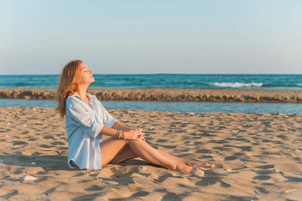 Spring - Summer season. Vacation and travelling time. Woman at sea, pretty nice view at Greece