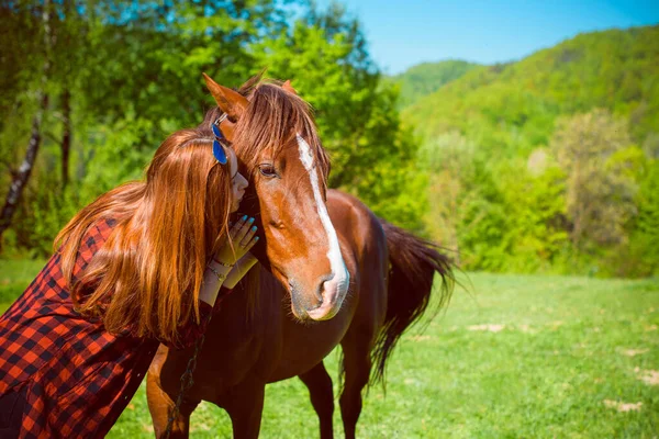 Dame Het Platteland Wandelen Met Een Paard Mooie Jonge Vrouw — Stockfoto