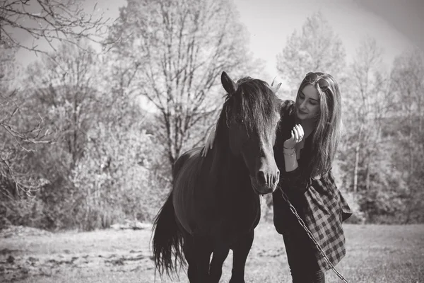 Dame Het Platteland Wandelen Met Een Paard Mooie Jonge Vrouw — Stockfoto