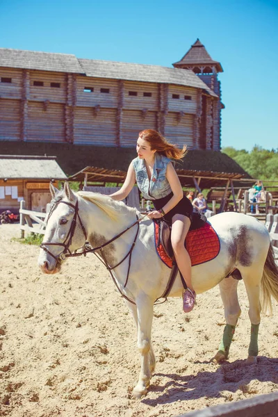 Een Dame Het Pretpark Loopt Met Een Paard Mooie Jonge — Stockfoto