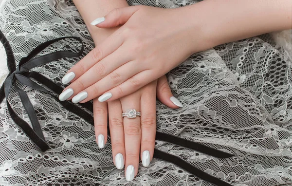 Manicure Ideas Pretty Wedding Nails Wedding White Pearl Manicure Beauty — Stock Photo, Image