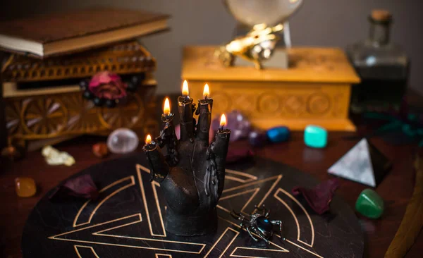 Fortune Teller Witch Stuff Table Candles Fortune Telling Objects Concept — Stock Photo, Image