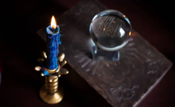 Fortune Teller Witch Stuff Table Candles Fortune Telling Objects Concept — Stock Photo, Image
