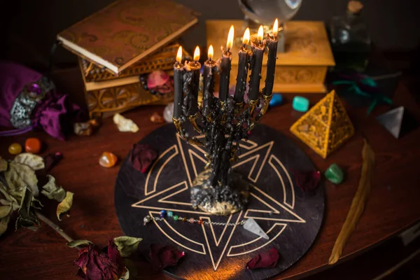 Fortune Teller Witch Stuff Table Candles Fortune Telling Objects Concept — Stock Photo, Image