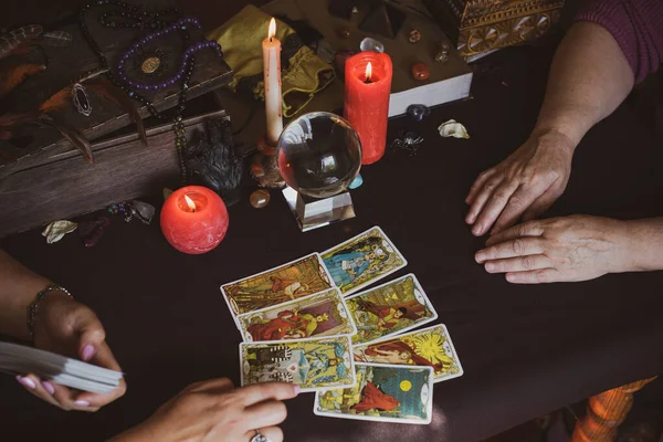 Secuencia Adivinación Tarot Cartas Velas Objetos Adivinación Concepto Adivinación Astrología —  Fotos de Stock