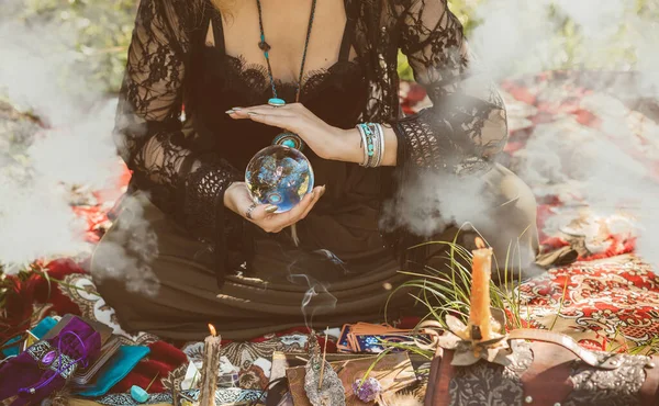 Gypsy Soul Boho Woman Tarot Cards Candles Magic Ball Field — Stock Photo, Image