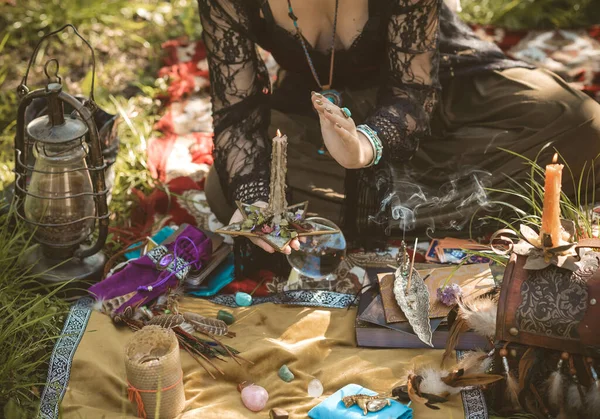 Gypsy Soul Boho Woman Tarot Cards Candles Magic Ball Field — Stock Photo, Image