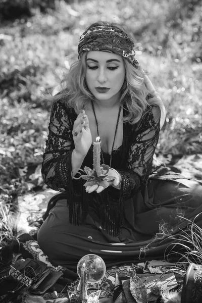 Gypsy Soul Boho Woman Tarot Cards Candles Magic Ball Field — Stock Photo, Image