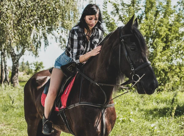 Kobieta Końskim Towarzystwem Młoda Piękna Kobieta Ubrana Kratę Koszulę Czarnym — Zdjęcie stockowe