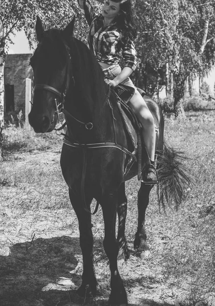 Femeia Bucură Compania Cai Tineri Frumos Femeie Îmbrăcată Cămașă Carouri — Fotografie, imagine de stoc