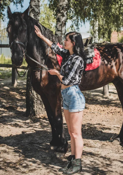 馬会社を楽しんでいる女性 若い美しい女性が黒馬の屋外で遊んだシャツを着て アメリカのカントリースタイルのスタイリッシュな女の子 — ストック写真