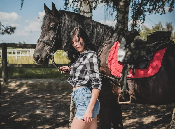 Mulher Gostar Companhia Cavalos Jovem Bela Mulher Vestida Camisa Xadrez — Fotografia de Stock