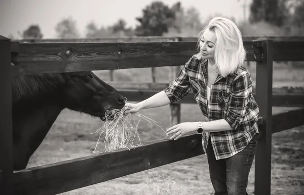 Vrouw Geniet Van Paardengezelschap Volwassen Mooi Met Paard Buiten Stijlvolle — Stockfoto