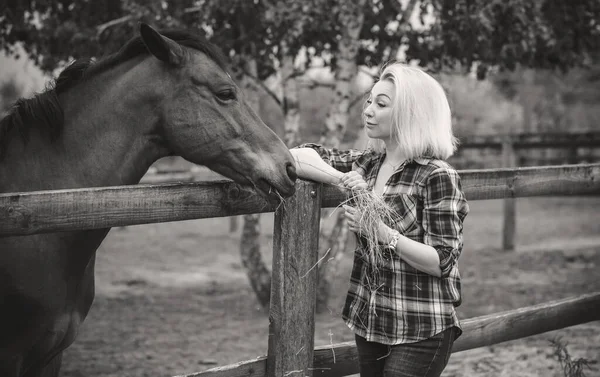 Vrouw Geniet Van Paardengezelschap Volwassen Mooi Met Paard Buiten Stijlvolle — Stockfoto