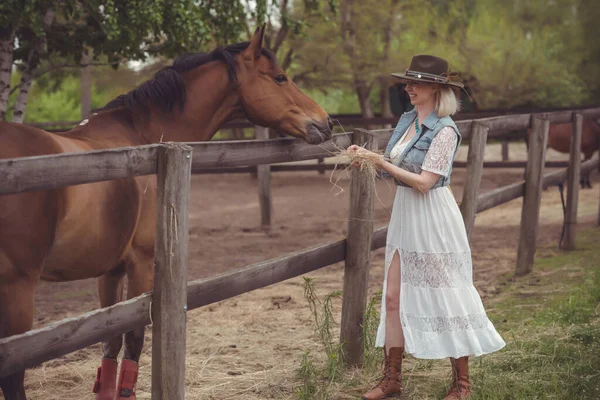 Vrouw Geniet Van Paardengezelschap Volwassen Mooi Met Paard Buiten Stijlvolle — Stockfoto