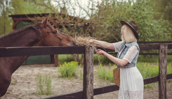 Frau Genießt Pferdegesellschaft Ältere Schöne Mit Pferd Freien Stilvolle Dame — Stockfoto