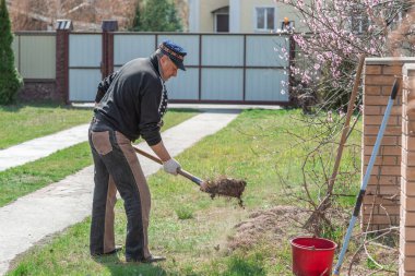 Bahar bahçesindeki adam. Bahçedeki son sınıf öğrencisi, adam hobisini seviyor, bahçede çalışıyor.