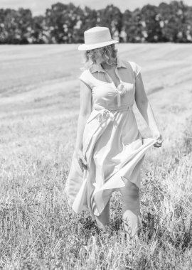 Country tarzı bir karışım, artı yumuşak pamuklu hafif elbiseli bir kadın. Samanlıktaki güzel bayanın portresi.