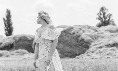 Country tarzı bir karışım, artı yumuşak pamuklu hafif elbiseli bir kadın. Samanlıktaki güzel bayanın portresi.