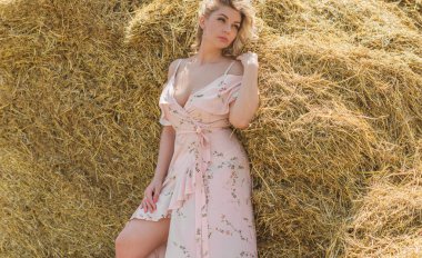 Country tarzı bir karışım, artı yumuşak pamuklu hafif elbiseli bir kadın. Samanlıktaki güzel bayanın portresi.