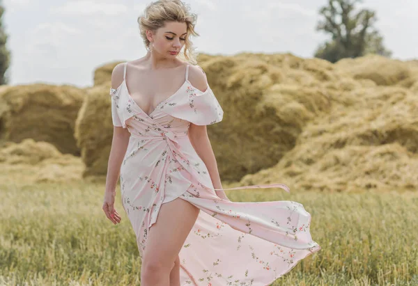 Country tarzı bir karışım, artı yumuşak pamuklu hafif elbiseli bir kadın. Samanlıktaki güzel bayanın portresi.