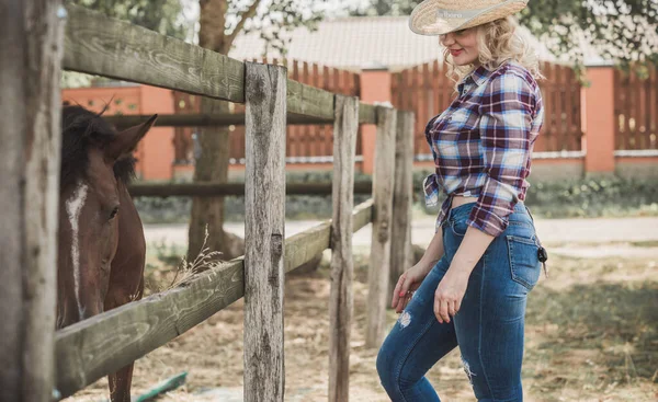 Estilo Country Americano Mulher Falar Com Cavalo Retrato Cavalo Equitação — Fotografia de Stock