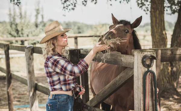 Αμερικάνικο Στυλ Γυναίκα Που Μιλάει Στο Άλογό Της Πορτρέτο Ιππασίας — Φωτογραφία Αρχείου
