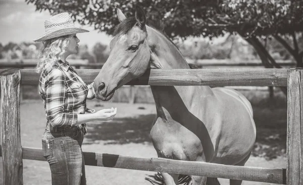 Amerikaanse Country Stijl Vrouw Gesprek Met Haar Paard Portret Van — Stockfoto