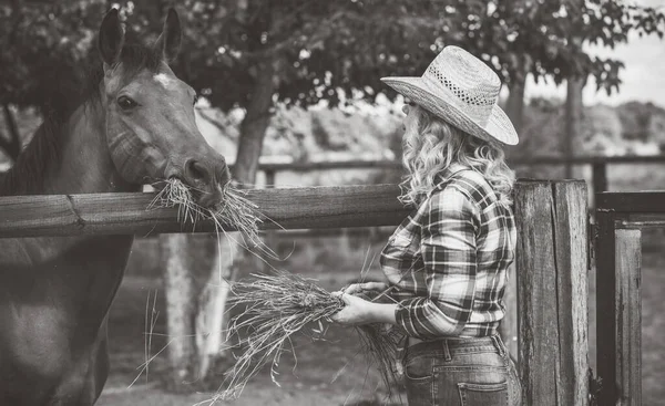 Stile Country Americano Donna Che Parla Con Suo Cavallo Ritratto — Foto Stock