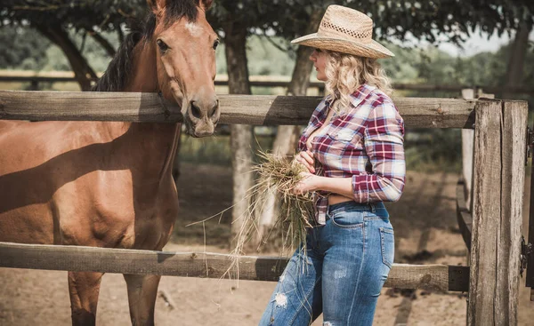 アメリカのカントリースタイル 女性は馬と話している 女性と馬に乗るの肖像シャツ 馬に乗るの肖像画でRancho — ストック写真