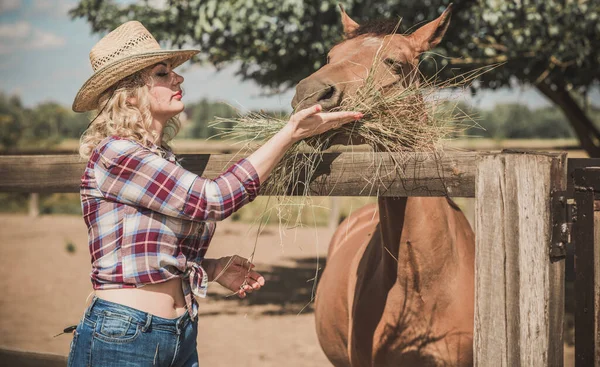 Estilo Country Americano Mulher Falar Com Cavalo Retrato Cavalo Equitação — Fotografia de Stock