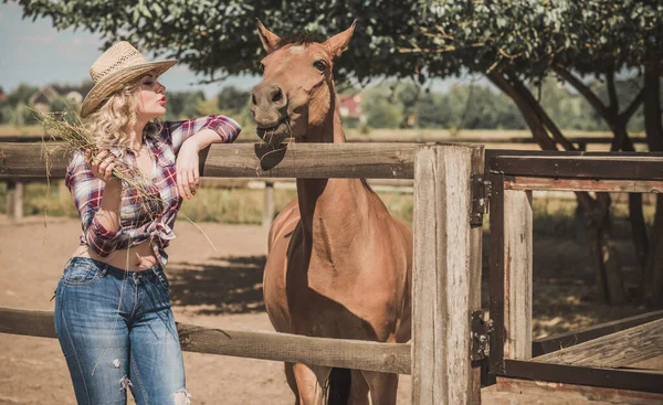 Amerikaanse Country Stijl Vrouw Gesprek Met Haar Paard Portret Van — Stockfoto