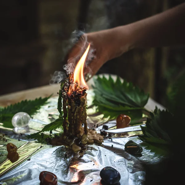 Magia Natureza Wicca Vela Para Limpar Aura Rituais Mágicos Fundição — Fotografia de Stock