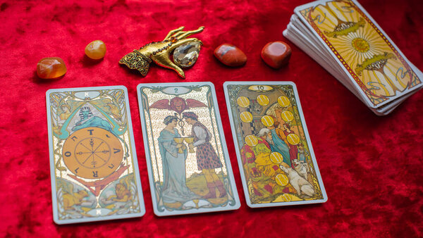 Love magic, Tarot card on the table, esoteric concept, fortune telling and predictions. Europe, Romania Bucharest June 5 : Illustrative Editorial