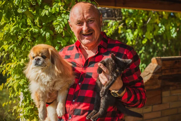 Kırmızı küçük köpeği olan yaşlı bir adam emekli, yaşlı insanların yaşam tarzı.