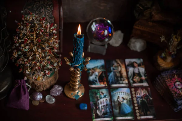 Magie Amour Carte Tarot Sur Table Concept Ésotérique Divination Prédictions — Photo
