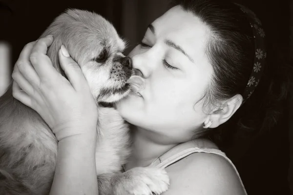 Счастливая Взрослая Женщина Целует Маленькую Собаку Любители Собак Люди Любят — стоковое фото